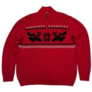 Chaps Red Fair Isle Nordic Moose Snowflake Quarter Zip 100% Cotton Sweater L